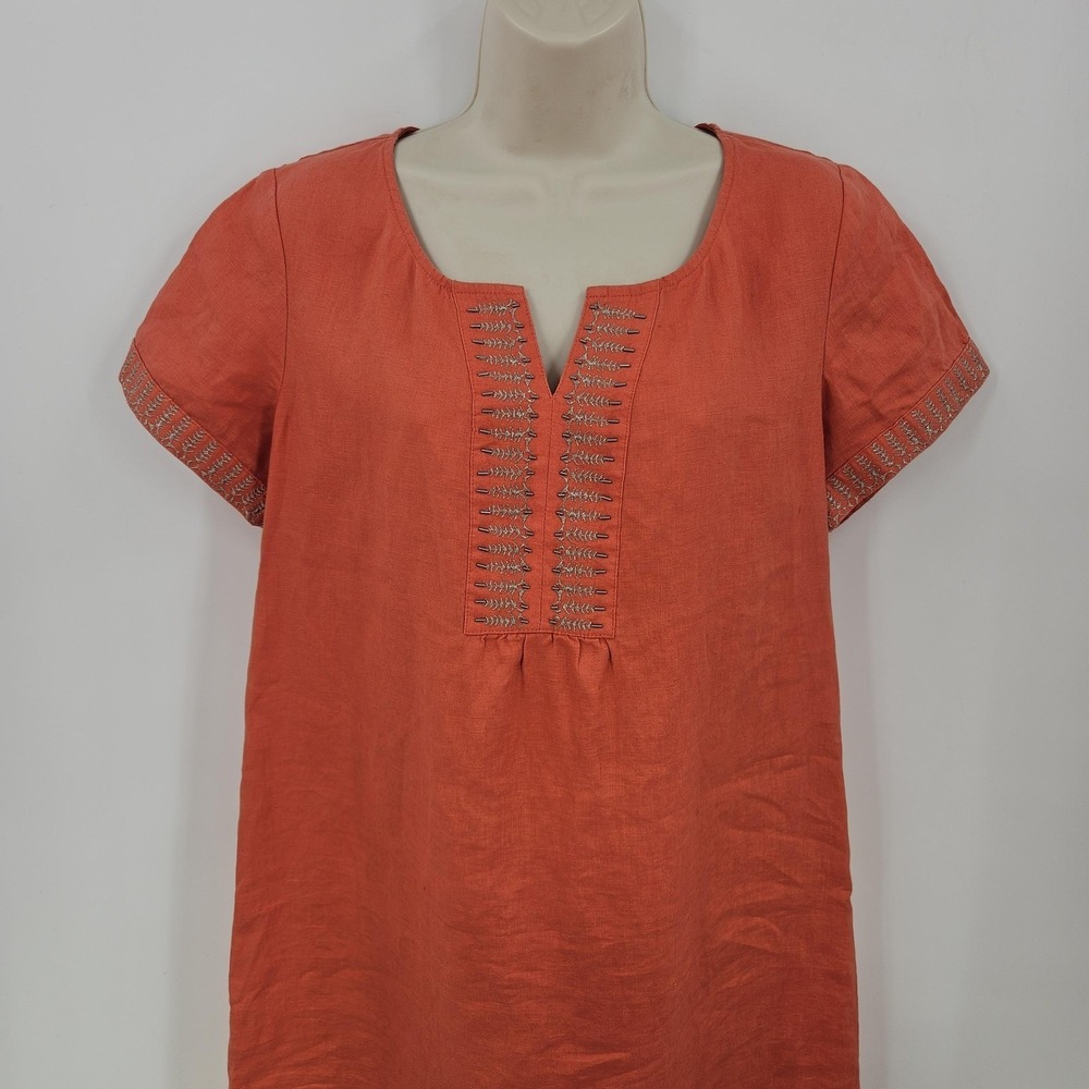 J Jill Dress Women 10 Orange Linen Embroidered Tunic Short Sleeve Boho Shift - Picture 2 of 11